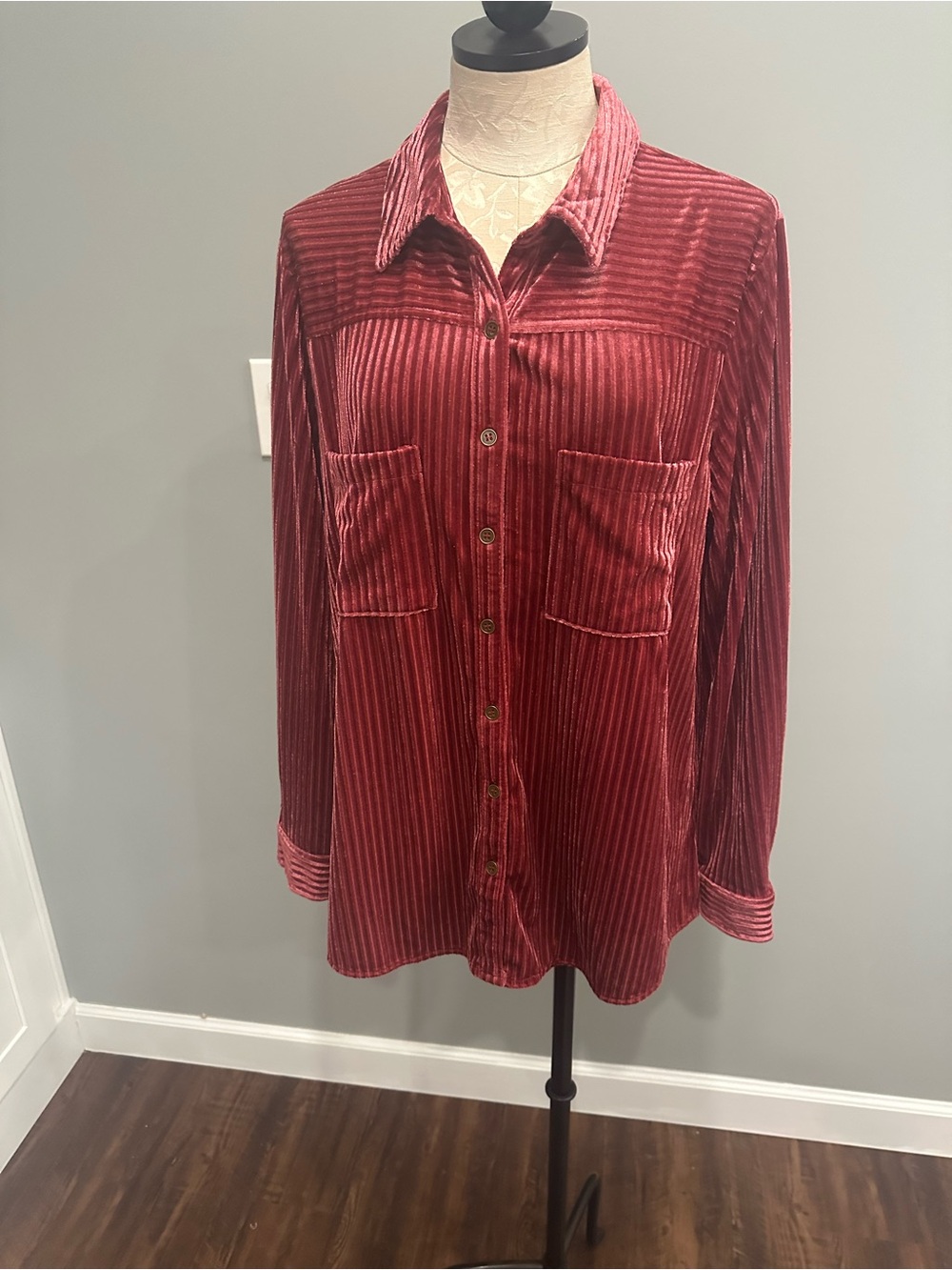 Umgee Velvet Ribbed Button-Up Shirt - Red - Picture 3 of 4